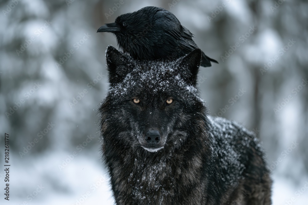 Obraz premium A black wolf stands in a snowy forest with a raven perched on its head. This shot highlights wild predators and mystical nature concepts.