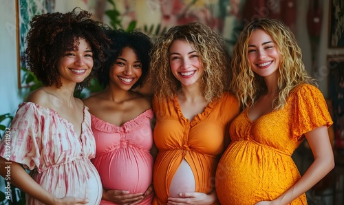 Four diverse pregnant women friends smiling and touching their bellies indoors