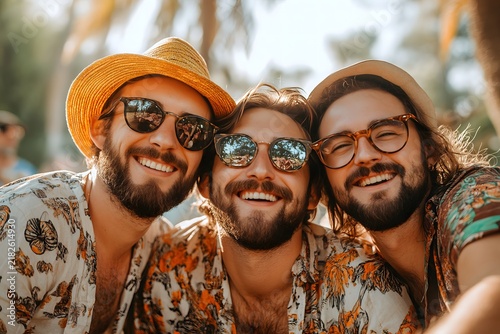 Three smiling bearded male friends wearing hats and sunglasses having fun outdoors