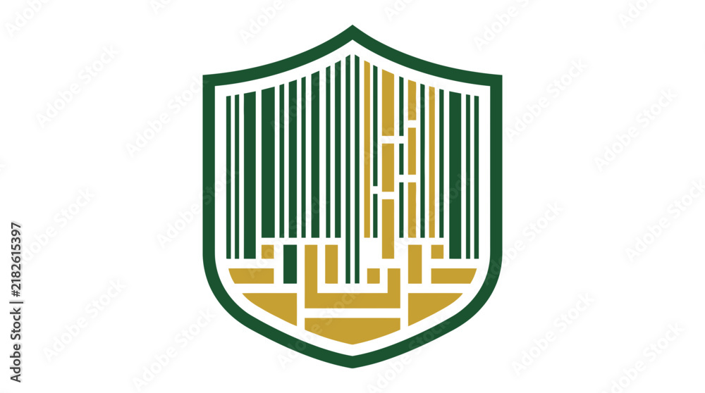 Obraz premium Shield emblem with barcode and building design, green and gold.