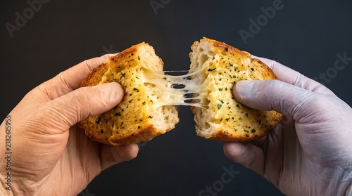 Hands pulling apart cheesy garlic bread with melted mozzarella strings on black background