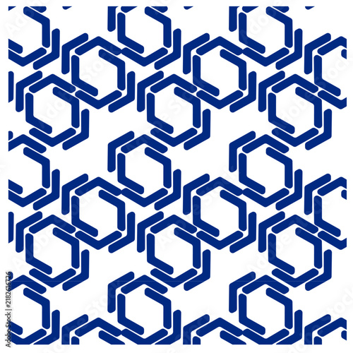 Interlocking chain repeating pattern,  hexagonal rings, Royal blue elements set, pill-shaped straight lines, rounded caps, six rounded segments, hexagon outlines, overlap diagonally, chain-link
