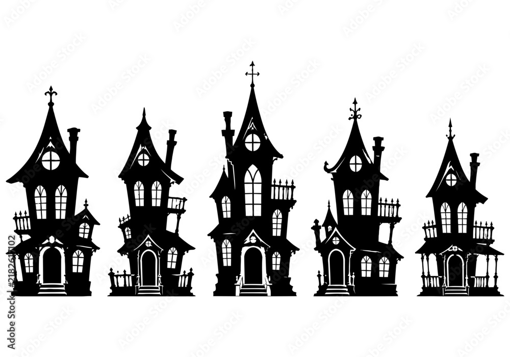 Fototapeta premium A collection of five spooky gothic style haunted house silhouettes isolated on a white background perfect for halloween decorations and creative graphic design project themes
