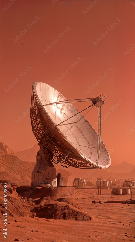 Fototapeta premium Satellite dish antenna on red desert planet surface. Large parabolic receiver at research base in landscape similar to Mars.