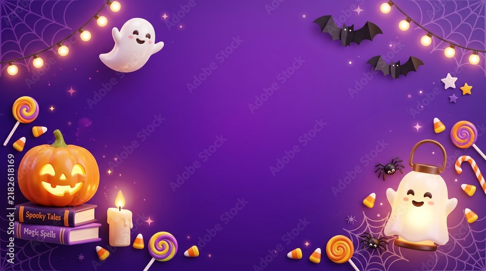 Fototapeta premium Cute halloween background with smiling ghosts, carved pumpkin, candy, and fairy lights on a dark purple backdrop