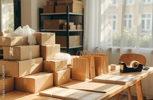 Small Business Packaging Workspace with Cardboard Boxes and Tape