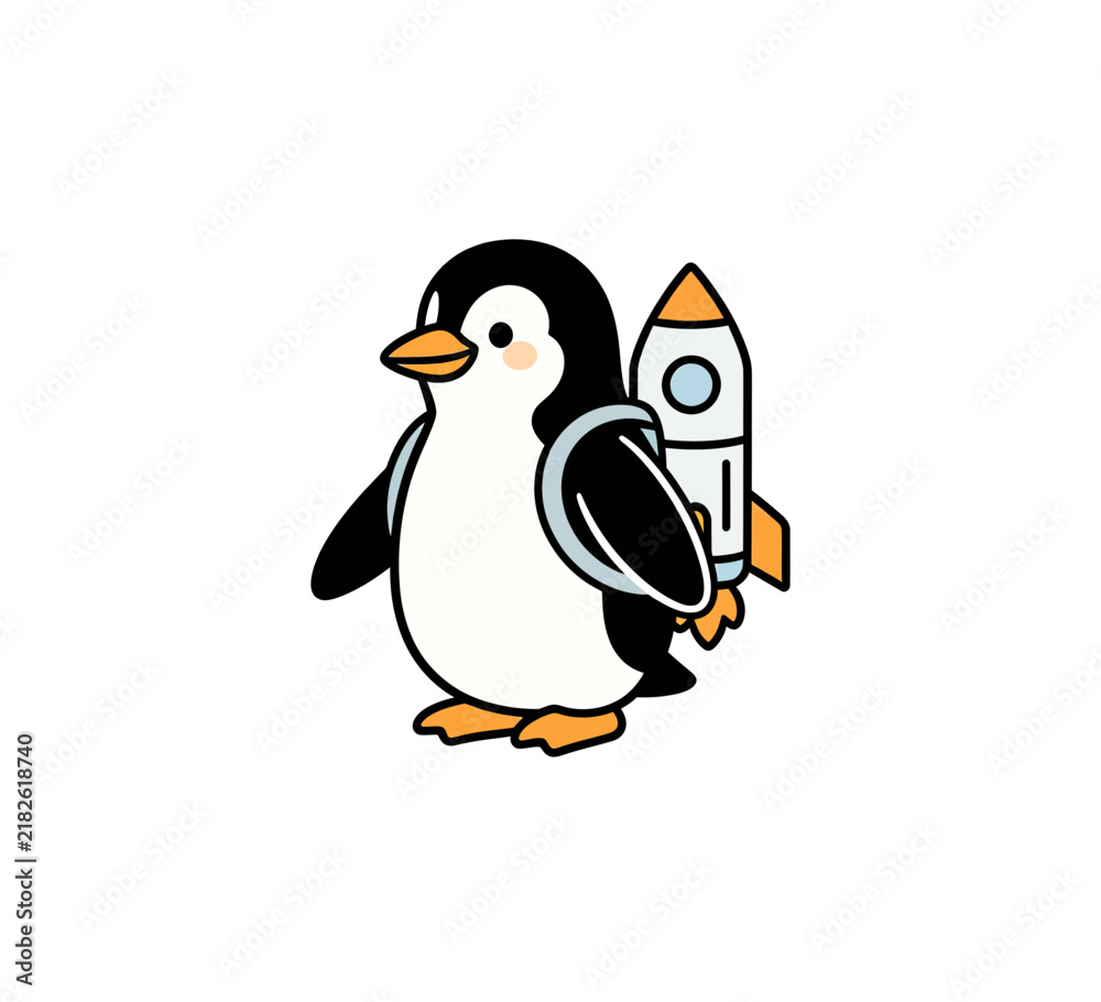 Obraz premium Cute cartoon penguin with a space rocket jetpack for adventures AIzaSyC8stGKDZT0xxvmLD4E0