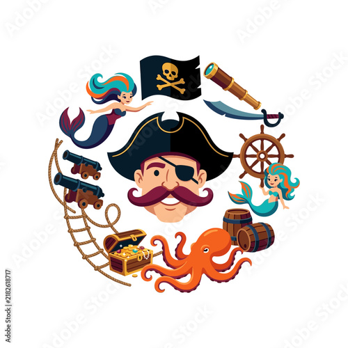 Obraz na plátně Cartoon pirate captain face surrounded by nautical elements including mermaids o