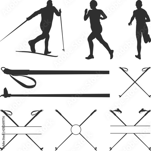 Skiing and Running Sports Equipment Elements Set, cross country ski silhouette, snowboarding silhouette winter sport, Skiing logo Vector Illustration