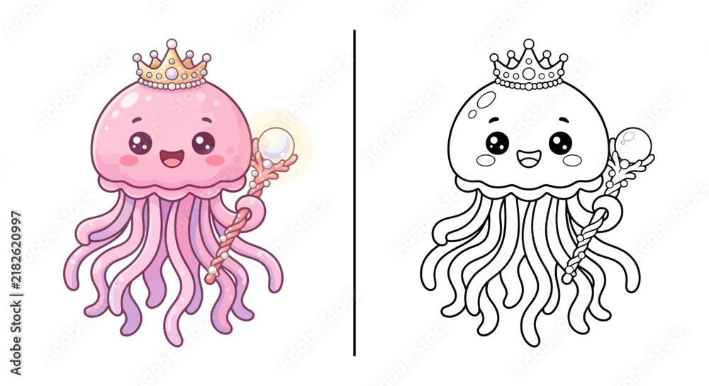 Obraz premium Cute kawaii jellyfish princess pearl crown staff ocean kids coloring page vector