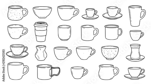 Line Art Coffee Cup and Ceramic Mug Icon Set featuring Diverse Kitchenware Drinkware and Glassware Assortment for Cafe Logos Menu Layouts and Graphic Designs