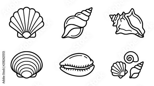 Minimalist Seashell Vector Icon Set Featuring Thick Line Outlines of Marine Clams Scallops Cowries and Conch Shells for Summer Beach Graphic Designs
