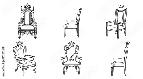 Royal Throne Vector Icon Set Featuring King and Queen Chairs with Crown Details and Antique Medieval Furniture Designs from Multiple Perspective Angles