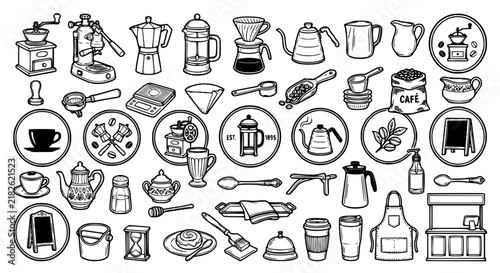 Artisanal Coffee Brewing Equipment Vector Icon Set Featuring Espresso Machines French Press Grinders Badges and Barista Cafe Tools for Branding Designs