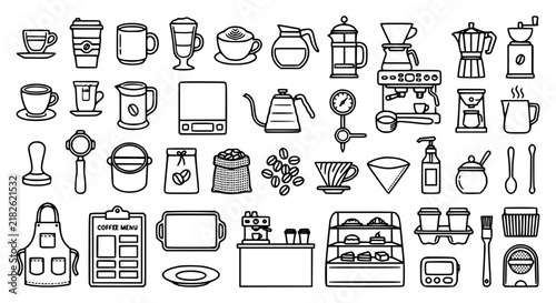 Comprehensive Coffee Shop Vector Icon Set Featuring Brewing Equipment Cafe Accessories Espresso Machines Mugs and Barista Tools for Cafe Brand Designs