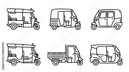 Minimalist Auto Rickshaw Tuk Tuk Vector Icon Set Featuring Side View Outlines of Asian Three Wheeler Taxis and Flatbed Cargo Pickup Trucks