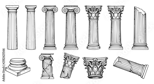 column, pillar, ancient, greek, roman, architecture, classical, antique, history, ruin, monument, doric, ionic, corinthian, temple, capital, order, vector, illustration, set, collection, lineart, outl