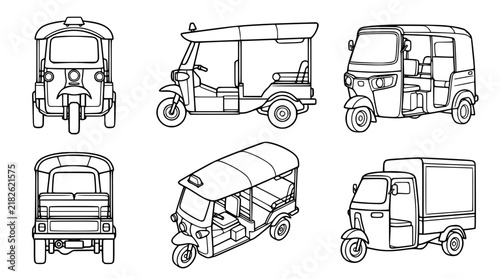 Auto Rickshaw Tuk Tuk Vector Icon Set Showing Multi Angle Views of Asian Passenger Taxis and Cargo Delivery Vehicles for City Transport