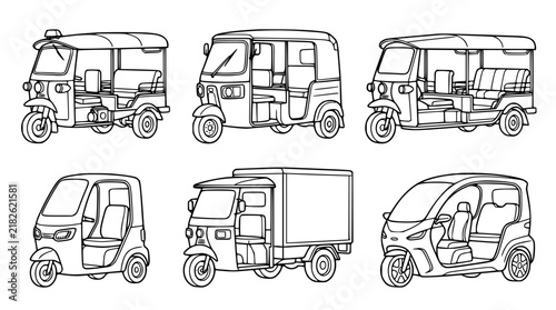 Three Wheeler Tuk Tuk Vector Icon Set Featuring Traditional Auto Rickshaws and Modern Electric Cargo Vehicles for Urban Transport Illustrations
