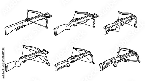 Perspective Crossbow Vector Icon Set Featuring Diverse Tactical Hunting Weapons and Medieval Archery Gear Designs for Games and Digital Media