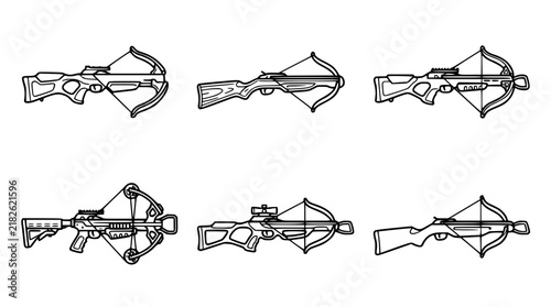 Tactical Crossbow Vector Icon Set Featuring Various Hunting Weapon Designs and Military Archery Equipment for Games and Graphic Projects