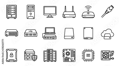 Computer Hardware and Network Infrastructure Line Icon Set Featuring Data Servers Routers Cloud Storage and Cybersecurity Firewall Symbols for Tech Interfaces