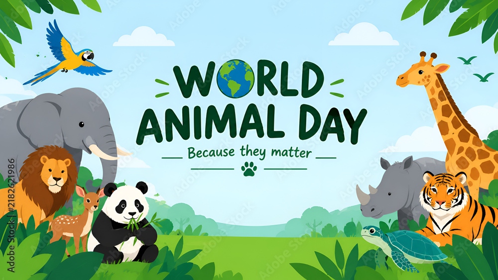 Naklejka premium World animal day graphic design with diverse wild animals and planet earth globe
