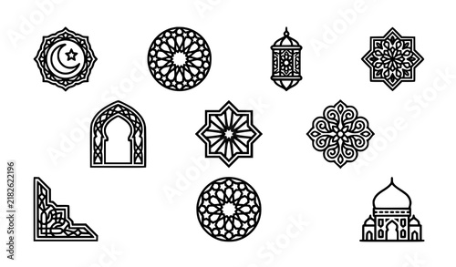 Islamic Geometric Patterns Crescent Moon and Lantern Decorative Vector Set