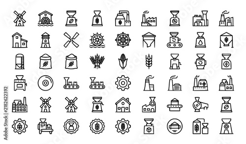 Mill Sign and Milling Industry Outline Icons – Windmill Grain Factory Vector Collection