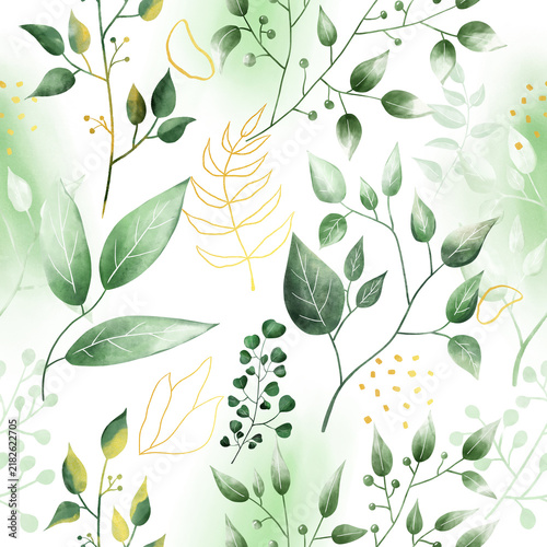 Fotografie Seamless pattern with lush green tropical and summer leaves, exotic foliage, and organic botanical elements on a clean background