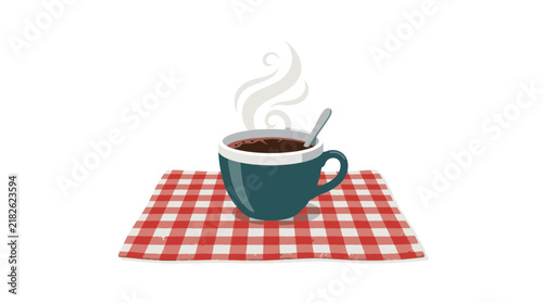 Steaming Coffee Cup on Checkered Napkin Vector Illustration