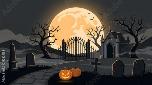 A spooky halloween graveyard scene featuring glowing jack o lanterns under a large full moon with dark silhouette trees