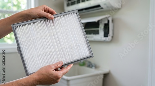 Person holding a clean air conditioner filter for maintenance and replacement.