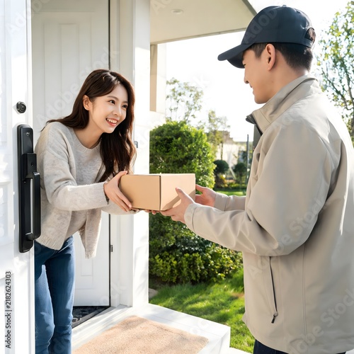 Delivery Person Handing Package to Female Customer at Doorstep