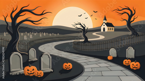 A spooky halloween graveyard scene featuring a winding stone path leading to a distant church under a full moon