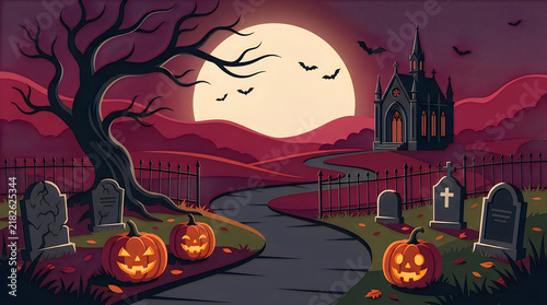 A spooky halloween landscape featuring glowing jack o lanterns a dark cemetery a haunted castle and a full moon