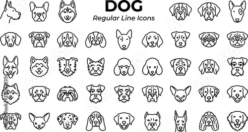 Dog Breeds Regular Line Icon Set Featuring Bulldog Husky German Shepherd Poodle Retriever Dalmatian Beagle Dachshund Canine Heads Vector Illustration (19 words)