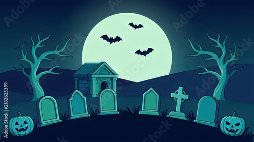 A spooky halloween graveyard scene featuring glowing headstones bare trees silhouettes and a large full moon in the background
