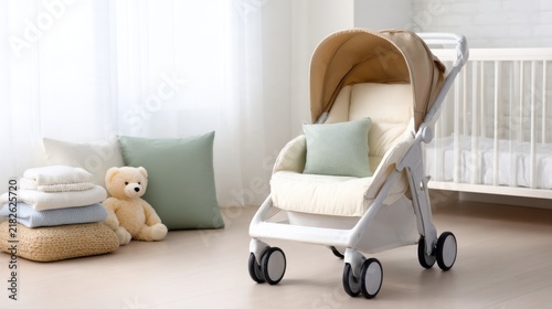 A cozy nursery scene featuring a stylish stroller, soft pillows, and a teddy bear