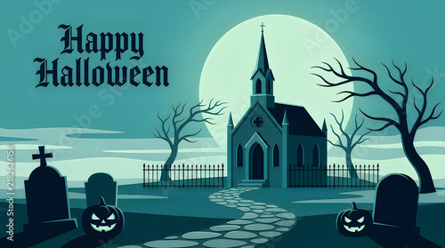 A spooky halloween background featuring a haunted church graveyard under a full moon with glowing jack o lanterns