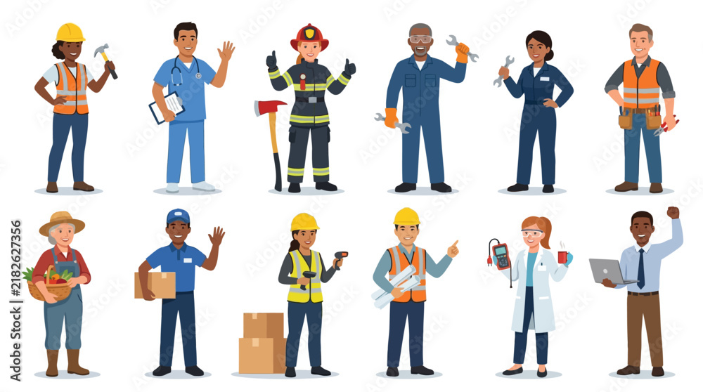 Fototapeta premium Diverse Group of Professionals in Various Occupations and Uniforms Vector Illustration