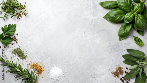 Overhead view of fresh herbs and spices arranged on a textured gray surface rosemary basil sage