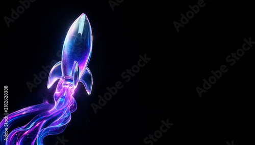 Glass rocket ship launching up with glowing purple and blue smoke trail on black background startup launch concept