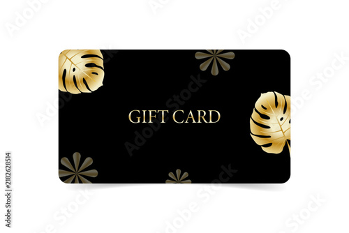 Gift card template with golden Monstera leaves. Vector illustration.
