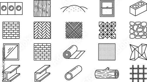 Construction Materials and Building Texture Icon Set Featuring Brick, Wood, Stone, Tile, Concrete, Metal, and Architectural Surface Patterns
