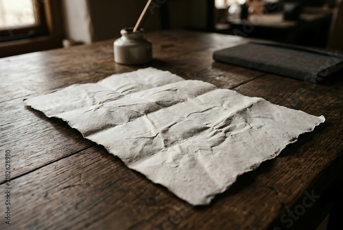 Blank crumpled vintage paper on a rustic wooden table with an inkwell.
