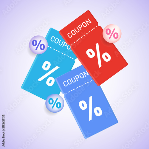 3-D coupons with a percentage sign. Discount coupon, Black Friday sale. Vector illustration.