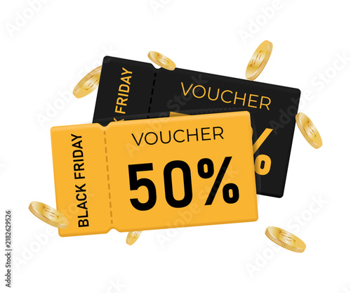 3D coupon for Black Friday or a sale tag. A gift voucher with flying gold coins. Vector illustration.