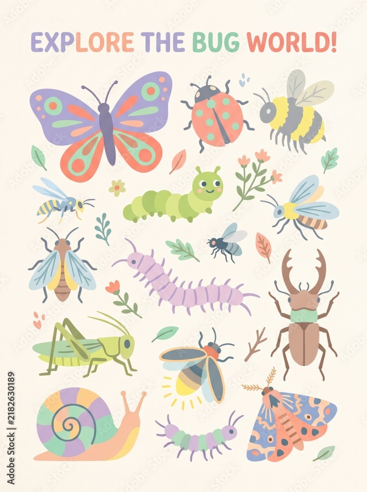 Fototapeta premium Colorful collection of cartoon insects including butterflies, beetles, and caterpillars with playful text on a light background.