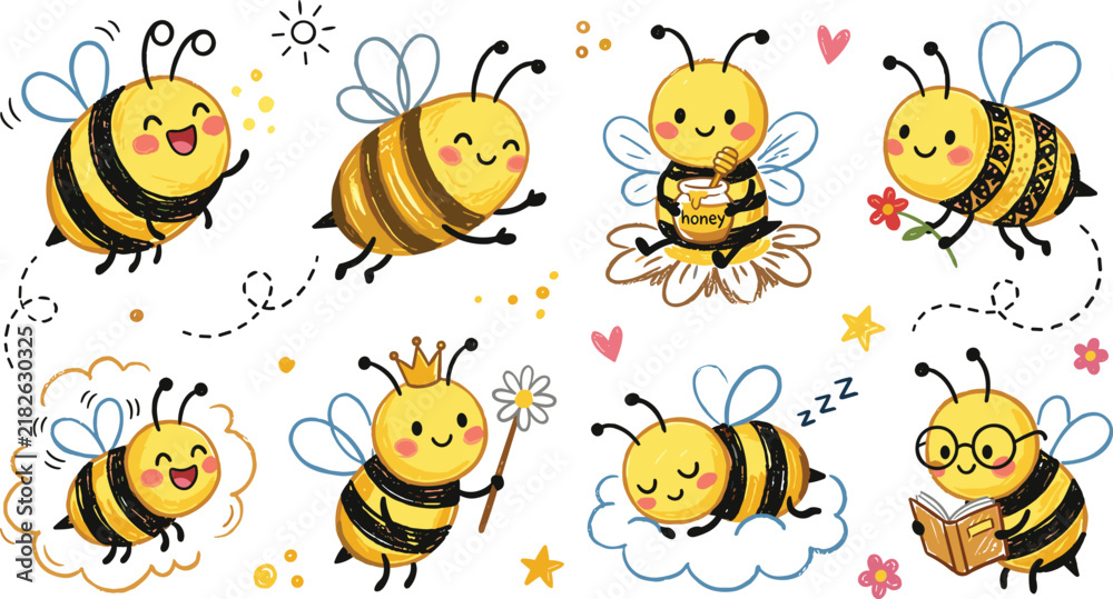 Fototapeta premium Cute Cartoon Honey Bees Collection with Smiling Characters, Flying Insects, Honey Jar, Flowers, Sleeping Bee and Educational Nature Illustration